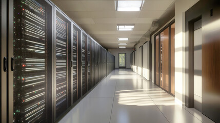 A modern data center buzzes with energy as rows of shiny servers stand ready, illuminated by natural light streaming through overhead windows