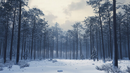 snowy forest winter landscape - dark trees, fog, cold atmosphere