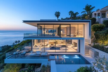 A stunning modern villa with panoramic ocean views, featuring large glass walls, a serene pool, and lush greenery, illuminated by the evening sky.