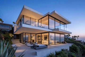 Fototapeta premium A contemporary, luxurious home with expansive glass walls, stunning views, and modern design, nestled in a scenic location.