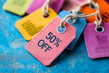 A collection of vibrant sale tags highlighting a fifty percent discount, creatively arranged against a blue backdrop, ideal for promotional displays.