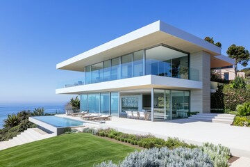 Fototapeta premium A modern villa with expansive glass walls and a scenic ocean view, featuring a stylish pool and lush green landscaping.