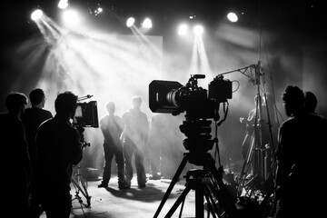 The film crew is preparing for shooting, putting on character make up, preparing the script, setting up the camera and lighting, having dialogue with the film's cast.
