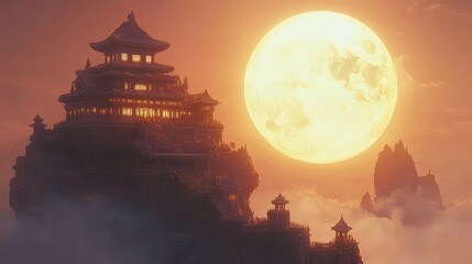 Obraz premium A grand temple built on the edge of a cliff, glowing softly under the light of a massive, setting sun.