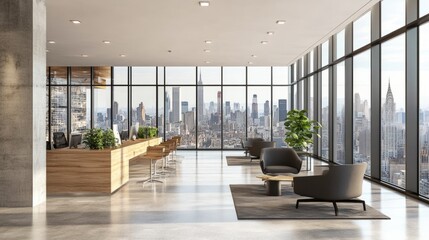 Minimalist open office design with floor-to-ceiling windows showcasing a panoramic city view, and modern office furniture. 3D rendering