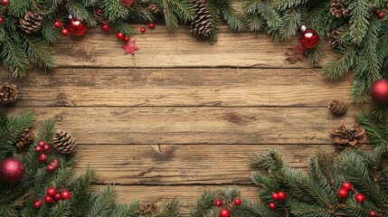 A rustic wooden background with Christmas decorations and pine branches on a transparent background. 