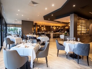A luxurious restaurant interior showcasing a modern dining area with sleek, elegant furniture and warm lighting for an upscale dining experience
