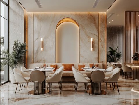 A luxurious restaurant interior showcasing a modern dining area with sleek, elegant furniture and warm lighting for an upscale dining experience