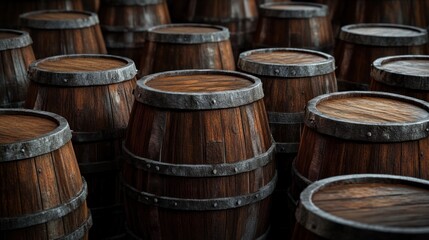 Closeup of a group of wooden barrels with metal hoops in a rustic setting.