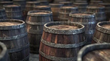 Fototapeta premium Close-up shot of a row of wooden barrels with iron bands, selective focus on the front barrel.