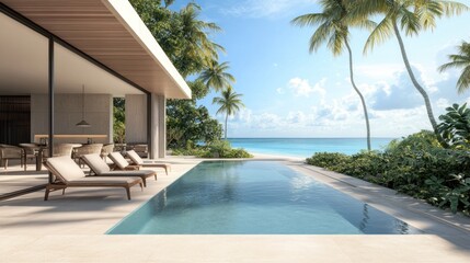 Fototapeta premium Modern house with a swimming pool overlooking the ocean and a tropical beach.