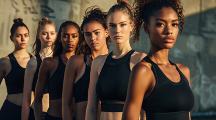 Obraz premium Group of diverse models showcasing athletic wear in an urban setting during daylight