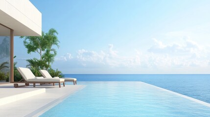 Fototapeta premium Two white lounge chairs on a patio overlooking a clear blue infinity pool, with a view of the sea and cloudy sky.