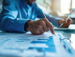 Hand on pen, looking at paperwork