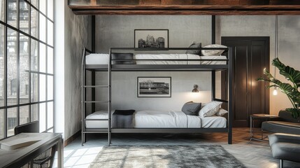 Simple and elegant loft-style bedroom with bunk beds, featuring exposed beams, metal frames, and an open, airy layout. A blend of industrial and minimalist design.
