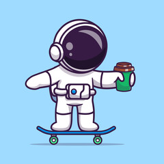 Fototapeta premium Cute Astronaut Playing Skateboard With Cup Coffee Cartoon Vector Icon Illustration. Science Drink Icon Concept Isolated Premium Vector. Flat Cartoon Style