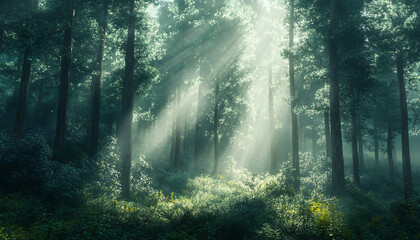 Obraz premium Tall, misty trees with sunlight streaming through the branches, creating a magical and mysterious forest atmosphere