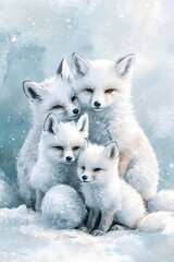 Obraz premium Snug Family of Four Adorable Fluffy White Foxes in Soft Pastel Watercolor Scene
