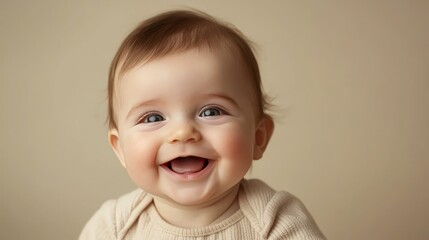 An adorable baby smiling, isolated on a simple background, with no distractions. 