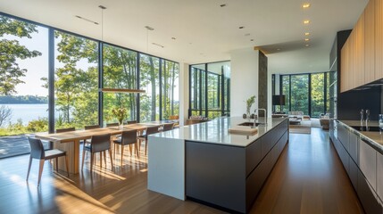Spacious modern kitchen with a large island, cozy dining table, and a contemporary cabinet near a floor-to-ceiling window.