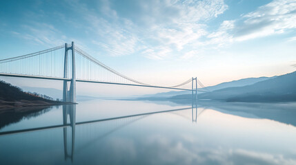 serene bridge reflection in misty landscape - blue, calm, minimalist, nature, water, sky, mountains, bridge, landscape, reflection, calmness, tranquility, travel, nature, architect