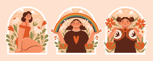 Collection of badges with beautiful women. Woman sitting and relaxing in bikini. Girl holding rainbow. Lady watches birds with binoculars. Harmony concept. Cute naive characters. Flat Design.
