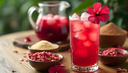 Refreshing Mexican agua de Jamaica hibiscus tea served over ice with flower garnish (Mexican Cuisine)