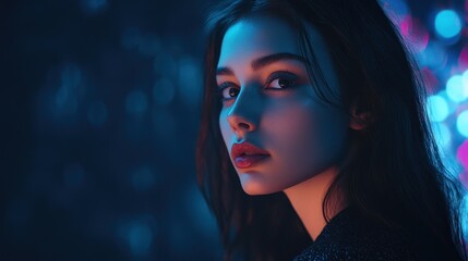 Fototapeta premium Close-up portrait of a young woman illuminated by blue and pink lights, her hair flowing down her back.