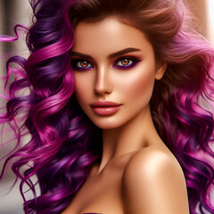 Fototapeta premium Portrait of a beautiful woman, wind in long curly neon purple hair, hazel eyes