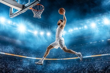 A basketball player jumping, mid-air, and about to dunk - Powered by Adobe