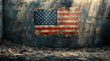 Cinematic scene of an American flag painted on a cracked, crumbling wall in an abandoned urban environment
