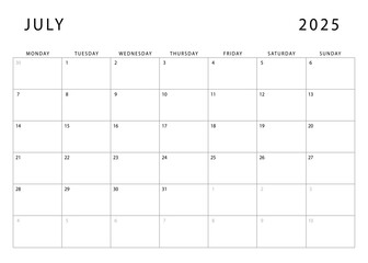 July 2025 calendar. Monthly planner template. Monday start. Vector design