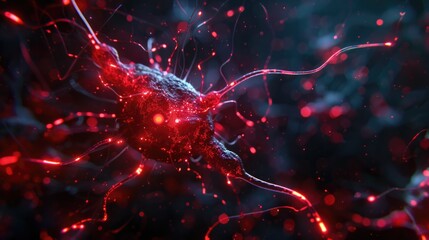 Obraz premium High-tech neural network connections with red and black circuitry. Brain nerve cells forming synapses for information processing.