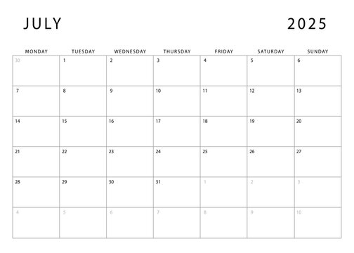 July 2025 calendar. Monthly planner template. Monday start. Vector design - Powered by Adobe