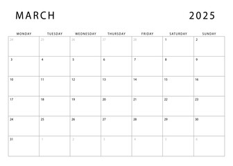 March 2025 calendar. Monthly planner template. Monday start. Vector design