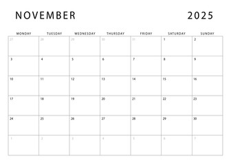 November 2025 calendar. Monthly planner template. Monday start. Vector design