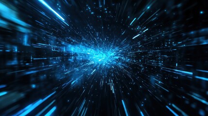 Fototapeta premium Abstract blue light streaks and sparkles on a black background.