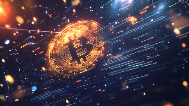 Abstract Digital Landscape Featuring a Massive Bitcoin Symbol Intertwined with Flowing Data Streams and Neon Lights, Representing Technological and Financial Evolution After the Halving Event, Set Aga