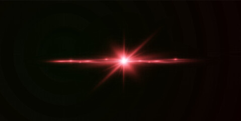 Light red effect reflections, neon illumination in red colors. Bright light lens. Police light effects, lines. Shiny stars, glowing sparks on a black background. Vector red light effect