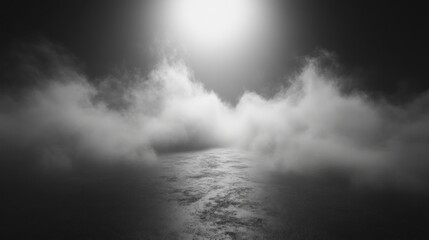 A single spotlight shines through the clouds and illuminates a textured, dark surface below.