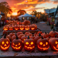 Large group of shining carved Halloween pumpkins lying on the table of the marketplace stand in the evening with sunset. Concept of Halloween celebration, Trick or Treat and season.