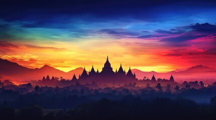 A vibrant, painted sunset sky over a silhouette of a temple complex, with mountains in the background.