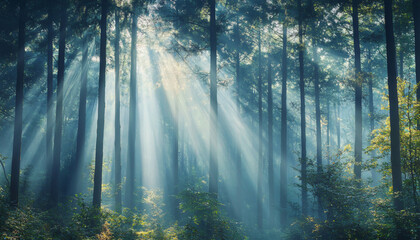 Fototapeta premium Tall, misty trees with sunlight streaming through the branches, creating a magical and mysterious forest atmosphere