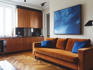 A modern cozy living room with a rusty sofa, blue canvas art, and sleek wooden cabinets, complemented by a rich wood parquet floor