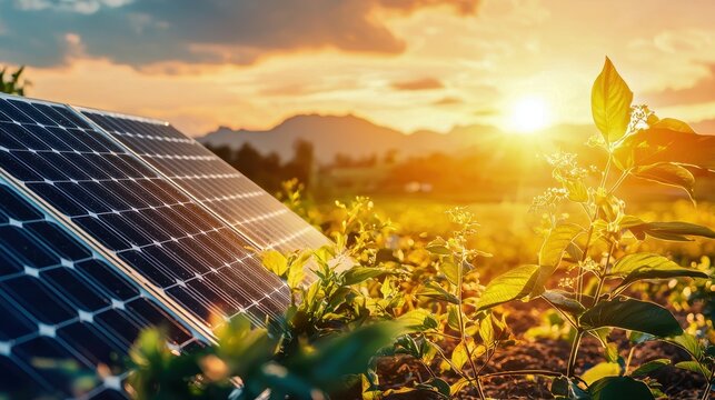 A solar panel stands amidst lush greenery, capturing sunlight during a vibrant sunset, symbolizing sustainable energy.