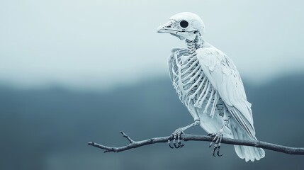 Fototapeta premium Skeleton Bird Perched on Branch in Foggy Background
