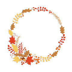 Vector wreath of autumn leaves, twigs, berries, acorns in doodle flat style. Colorful illustration. Round frame, border. Theme is forest, happy fall, thanksgiving