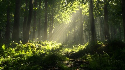 Fototapeta premium Sustainably managed old growth forest with light filtering through, hyper real