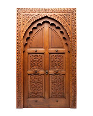 Obraz premium Ornate wooden door with intricate carvings, showcasing beautiful craftsmanship on a white isolate background.