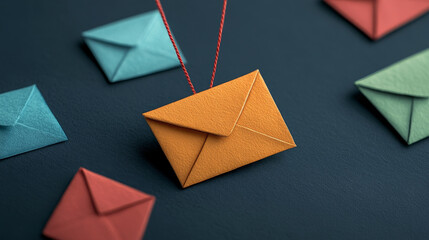 Colorful envelopes are arranged on dark background, with an orange envelope prominently hanging by string. This artistic composition evokes sense of creativity and communication